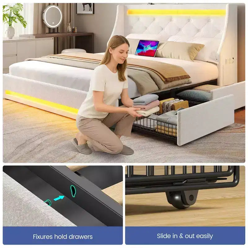 Cadre de lit plateforme rembourré avec tiroirs de rangement, lumières LED et station de recharge – Noir / Gris / Blanc, Simple / Double / Queen, 1 personne