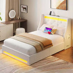 Cadre de lit plateforme rembourré avec tiroirs de rangement, lumières LED et station de recharge – Noir / Gris / Blanc, Simple / Double / Queen, 1 personne