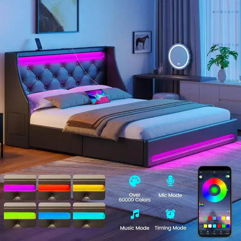 Cadre de lit plateforme rembourré avec tiroirs de rangement, lumières LED et station de recharge – Noir / Gris / Blanc, Simple / Double / Queen, 1 personne