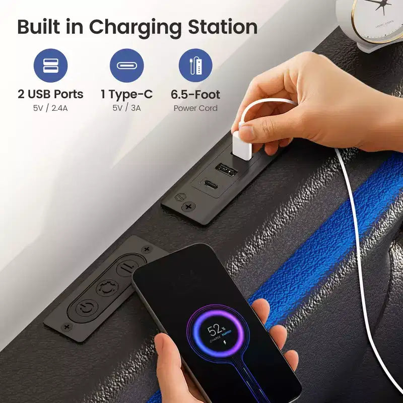 Cadre de lit plateforme rembourré avec tiroirs de rangement, lumières LED et station de recharge – Noir / Gris / Blanc, Simple / Double / Queen, 1 personne