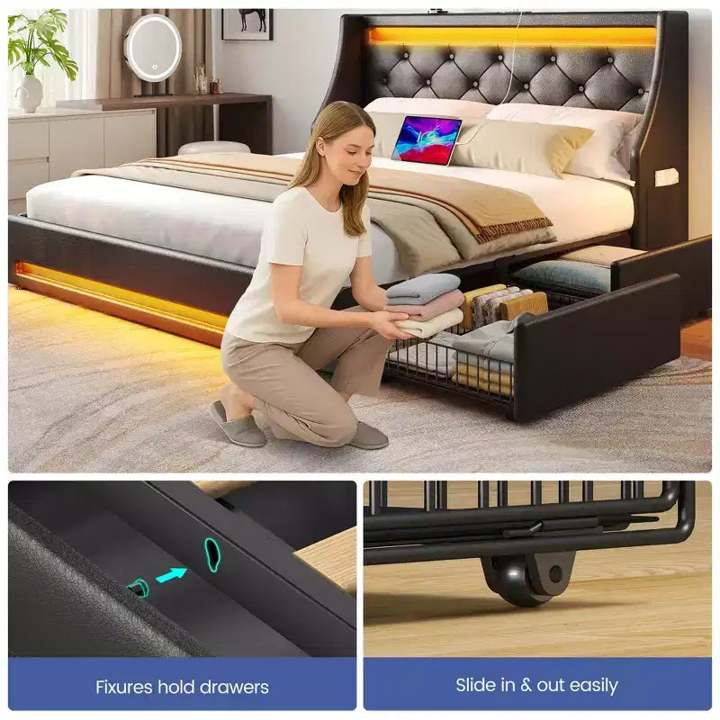 Cadre de lit plateforme rembourré avec tiroirs de rangement, lumières LED et station de recharge – Noir / Gris / Blanc, Simple / Double / Queen, 1 personne