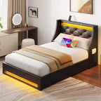 Cadre de lit plateforme rembourré avec tiroirs de rangement, lumières LED et station de recharge – Noir / Gris / Blanc, Simple / Double / Queen, 1 personne
