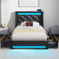Greenstell Bed Frame with Upholstered 4 Storage Drawers & Headboard, Platform Bed with Charging Station & LED Light