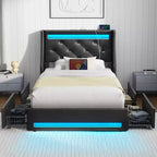 Greenstell Bed Frame with Upholstered 4 Storage Drawers & Headboard, Platform Bed with Charging Station & LED Light
