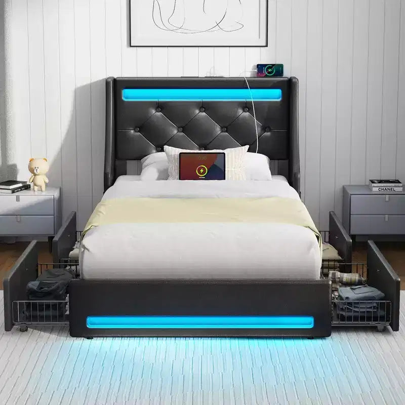Greenstell Bed Frame with Upholstered 4 Storage Drawers & Headboard, Platform Bed with Charging Station & LED Light