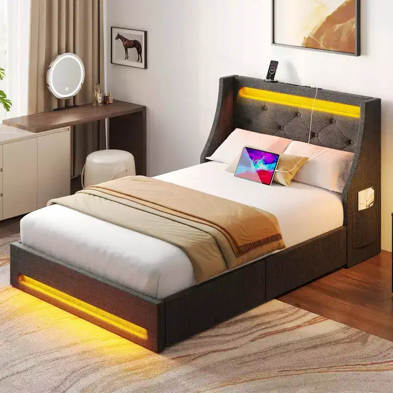 Cadre de lit plateforme rembourré avec tiroirs de rangement, lumières LED et station de recharge – Noir / Gris / Blanc, Simple / Double / Queen, 1 personne