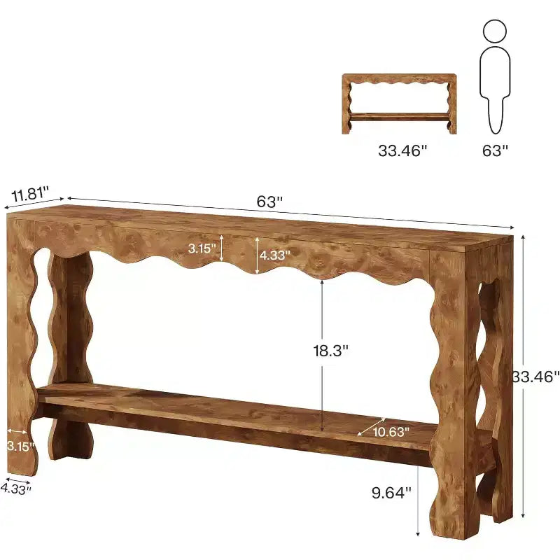 Console à 2 niveaux de 160 cm avec pieds festonnés, marron foncé/marron clair