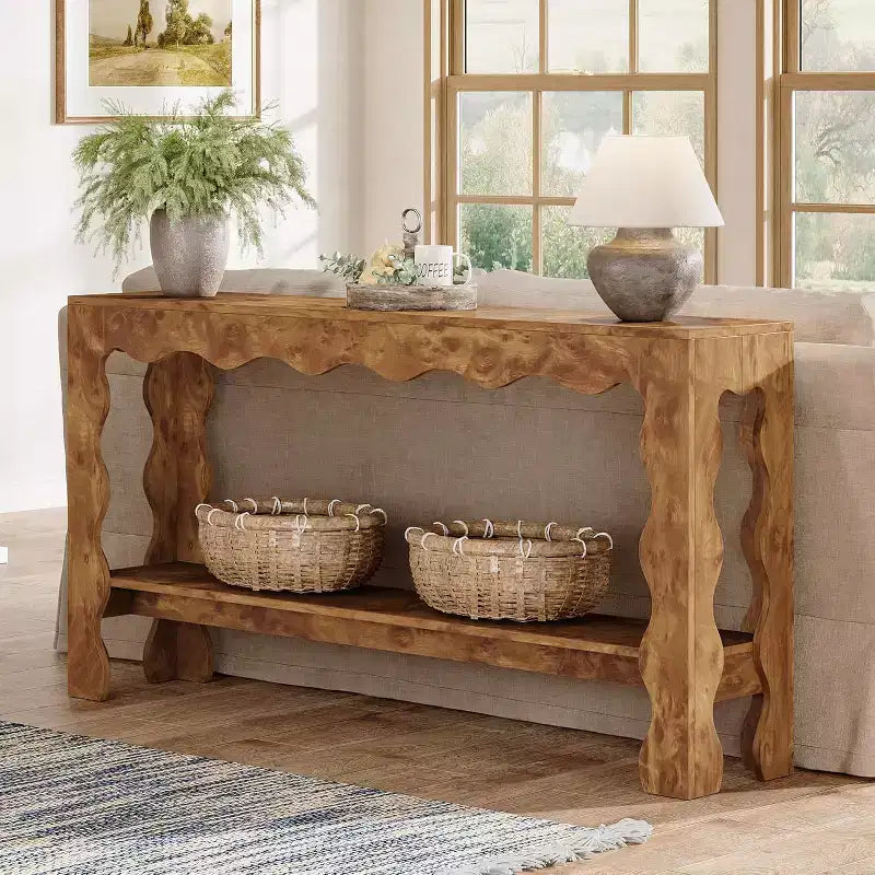 Console à 2 niveaux de 160 cm avec pieds festonnés, marron foncé/marron clair