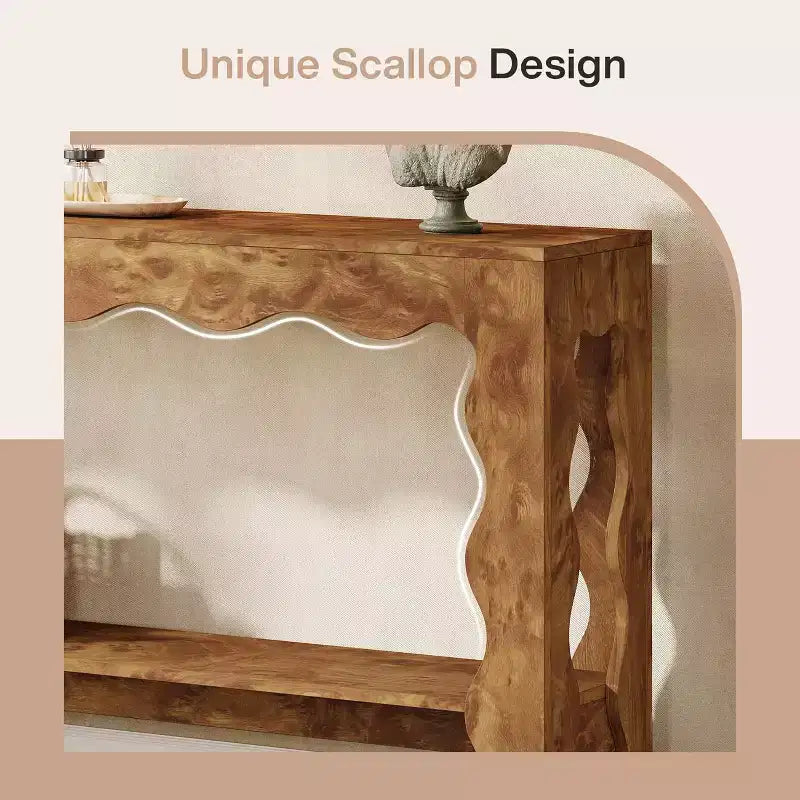 Console à 2 niveaux de 160 cm avec pieds festonnés, marron foncé/marron clair