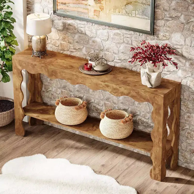 Console à 2 niveaux de 160 cm avec pieds festonnés, marron foncé/marron clair