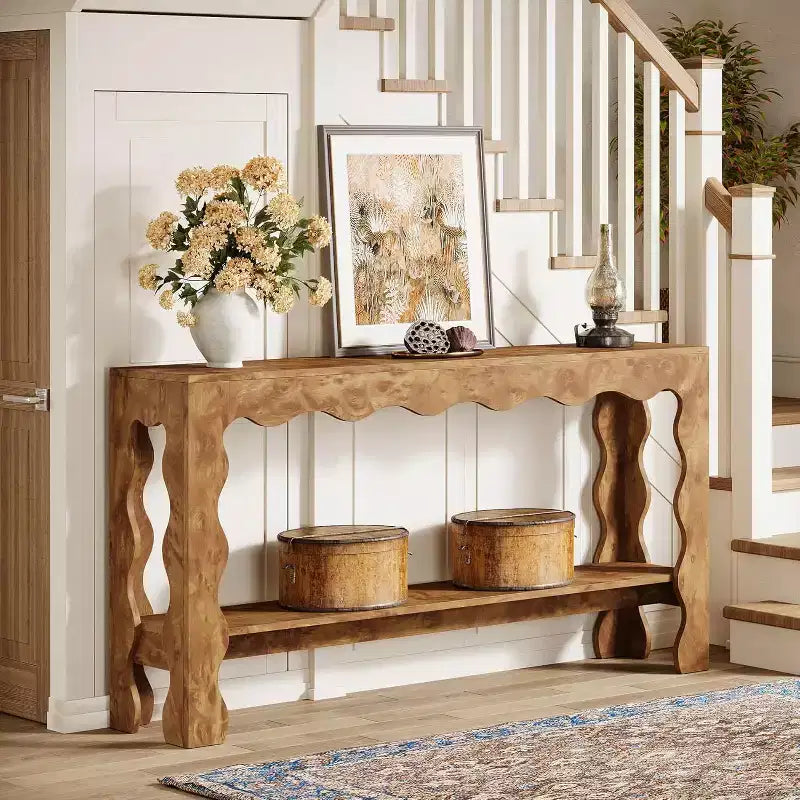 Console à 2 niveaux de 160 cm avec pieds festonnés, marron foncé/marron clair