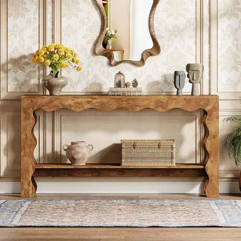 Console à 2 niveaux de 160 cm avec pieds festonnés, marron foncé/marron clair