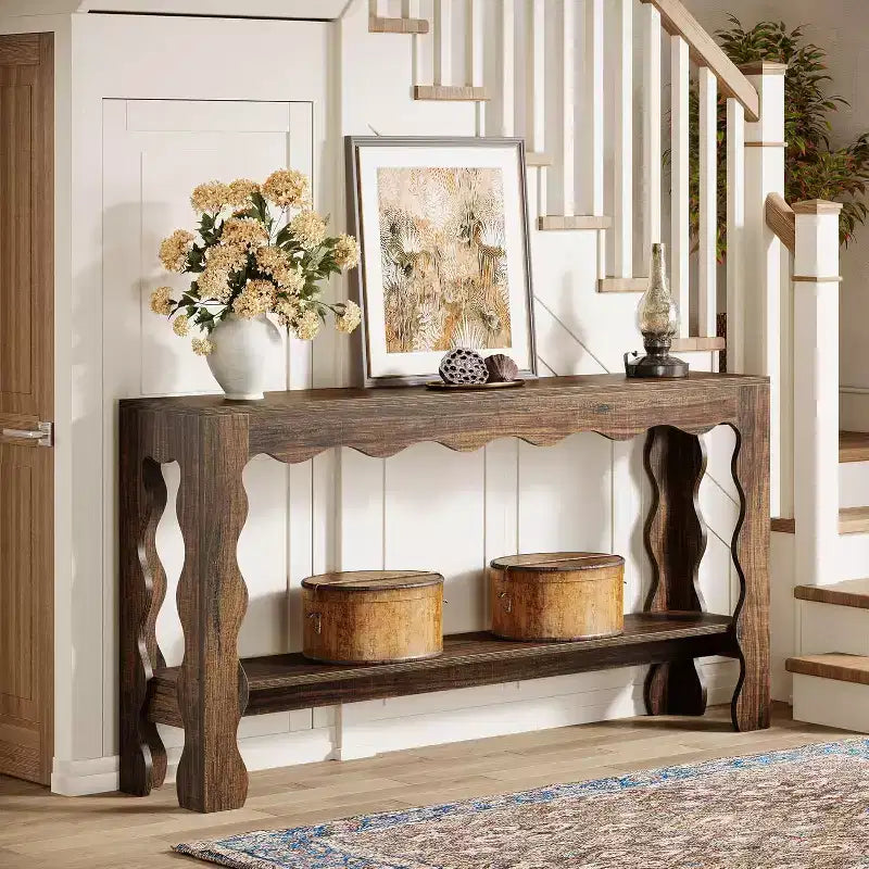 Console à 2 niveaux de 160 cm avec pieds festonnés, marron foncé/marron clair