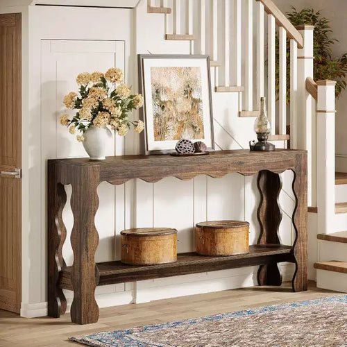Console à 2 niveaux de 160 cm avec pieds festonnés, marron foncé/marron clair
