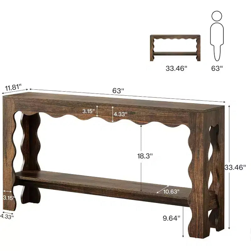 Console à 2 niveaux de 160 cm avec pieds festonnés, marron foncé/marron clair
