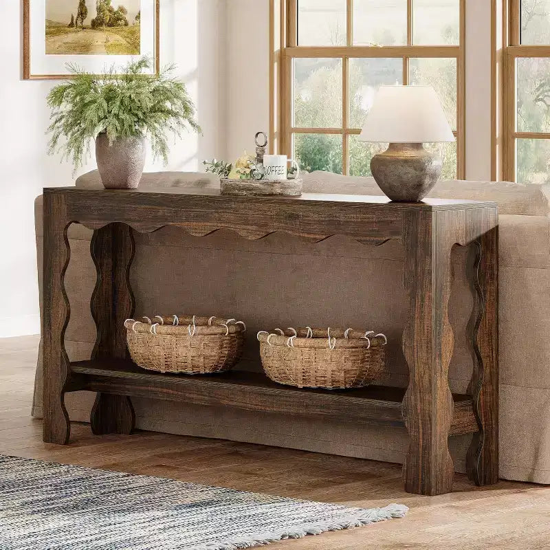 Console à 2 niveaux de 160 cm avec pieds festonnés, marron foncé/marron clair