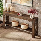 Console à 2 niveaux de 160 cm avec pieds festonnés, marron foncé/marron clair