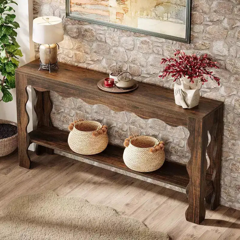 Console à 2 niveaux de 160 cm avec pieds festonnés, marron foncé/marron clair