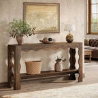 Console à 2 niveaux de 160 cm avec pieds festonnés, marron foncé/marron clair