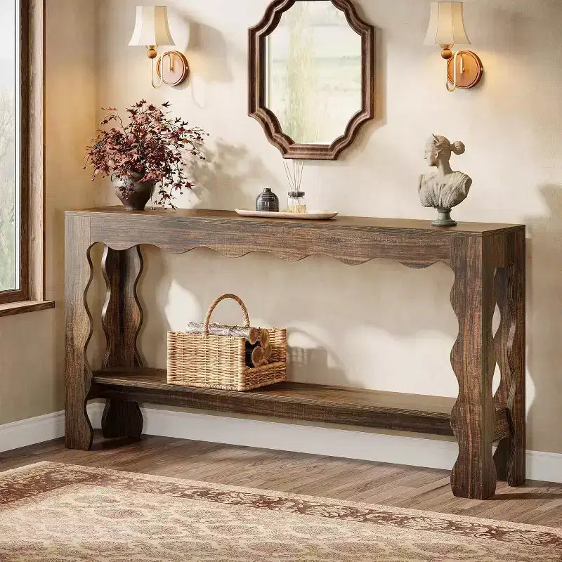 Console à 2 niveaux de 160 cm avec pieds festonnés, marron foncé/marron clair