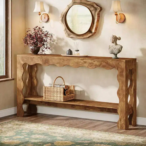 Lantine 63 Entryway Table, 2-Tier Console Table with Scalloped Legs, Rustic Sofa Table Behind Couch for Hallway, Living Room