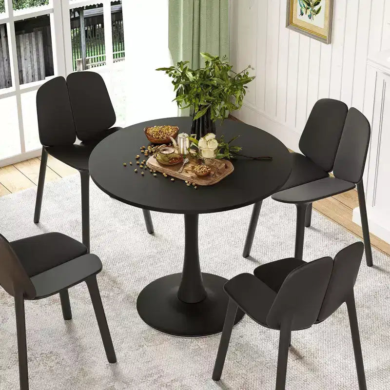 Table de salle à manger ronde noire/blanche avec plateau en bois, pied central en métal, 2 à 4 places