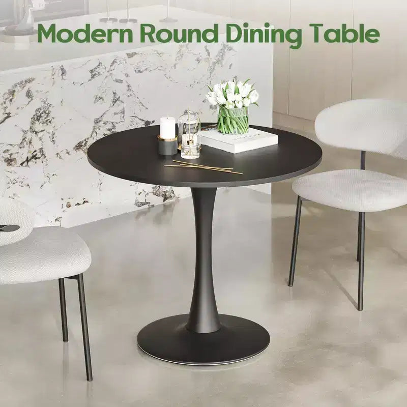 Table de salle à manger ronde noire/blanche avec plateau en bois, pied central en métal, 2 à 4 places