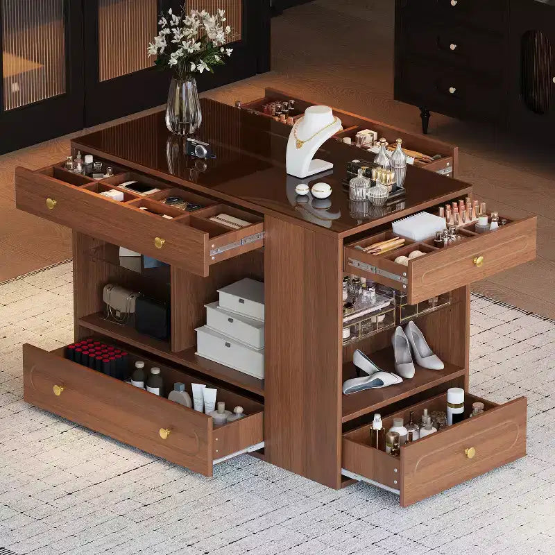 Closet Island with 6 Drawers, Glass Top White Dresser for Bedroom, Jewelry Center Island Display Cabinet,Wardrobe Walk-in Closet Island for Cloakroom