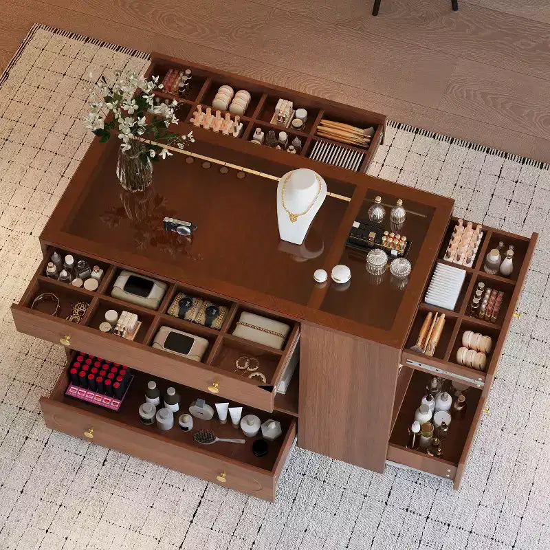 Armoire îlot à plateau en verre blanc avec 6 tiroirs – Commode de chambre à coucher individuelle