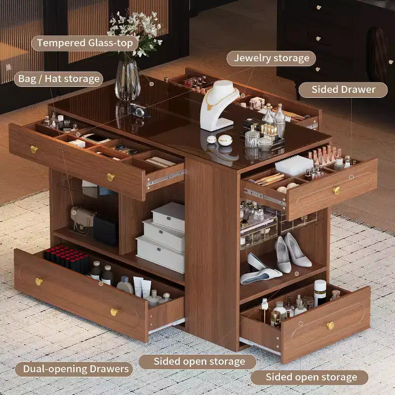 Armoire îlot à plateau en verre blanc avec 6 tiroirs – Commode de chambre à coucher individuelle
