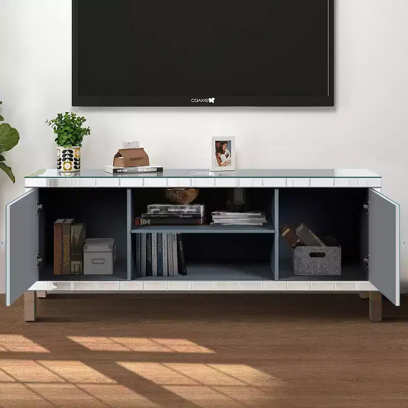 TV Stand for TVs Up to 50 Inches, Mirror Media Center Console Table, Entertainment Center with Diamond Glass Doors