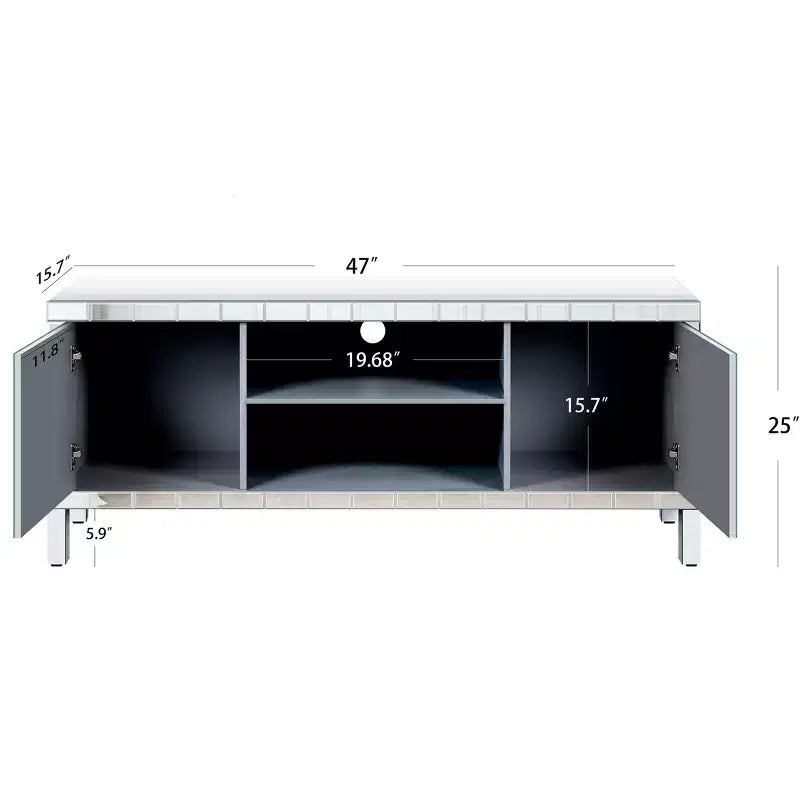 Meuble TV miroir argenté avec portes en verre diamant, convient pour 1 TV jusqu'à 50"