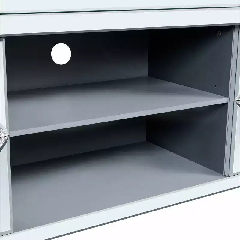 Meuble TV miroir argenté avec portes en verre diamant, convient pour 1 TV jusqu'à 50"