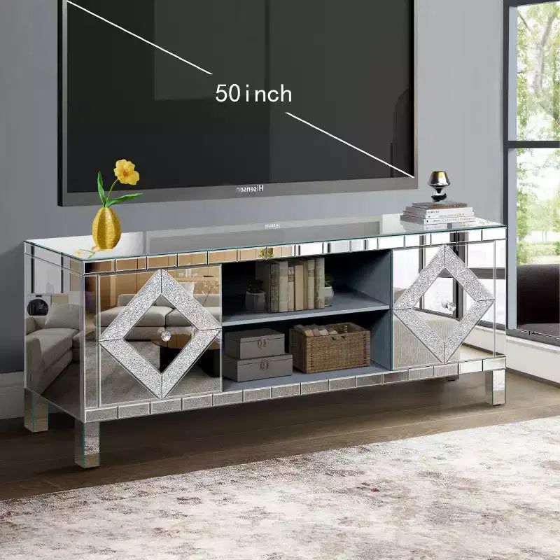 Meuble TV miroir argenté avec portes en verre diamant, convient pour 1 TV jusqu'à 50"