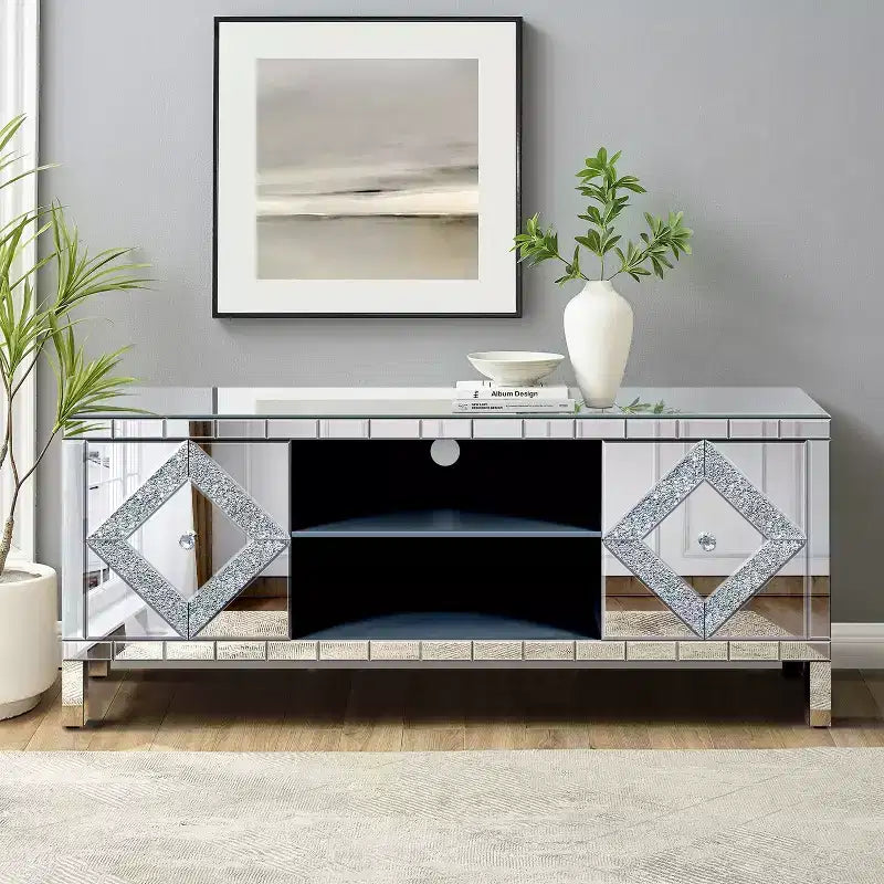 Meuble TV miroir argenté avec portes en verre diamant, convient pour 1 TV jusqu'à 50"