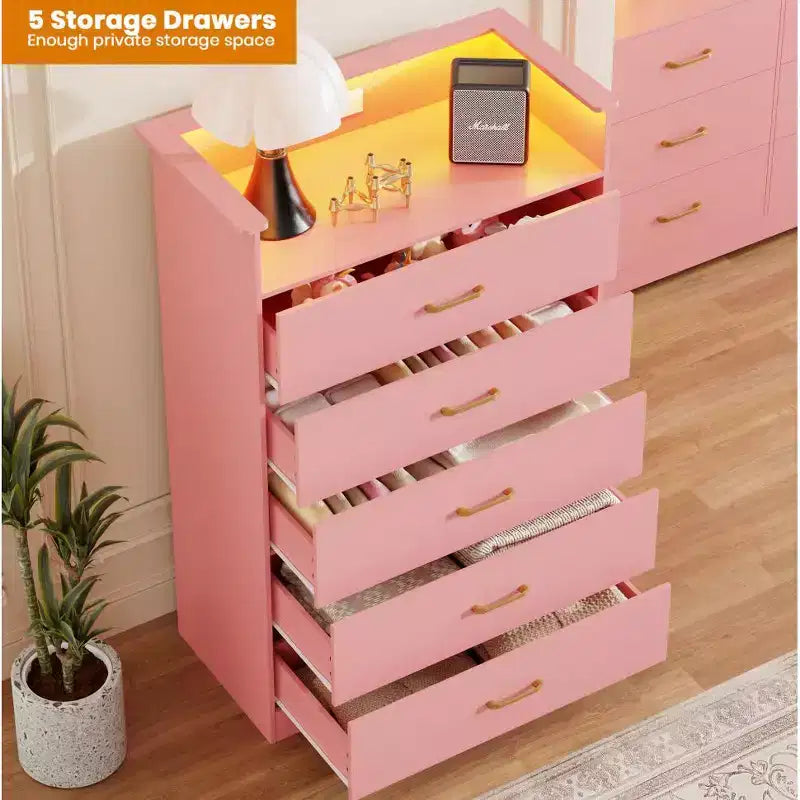 Commode haute à 5 tiroirs avec lumière LED et station de charge – Noir / Rose / Rétro / Blanc