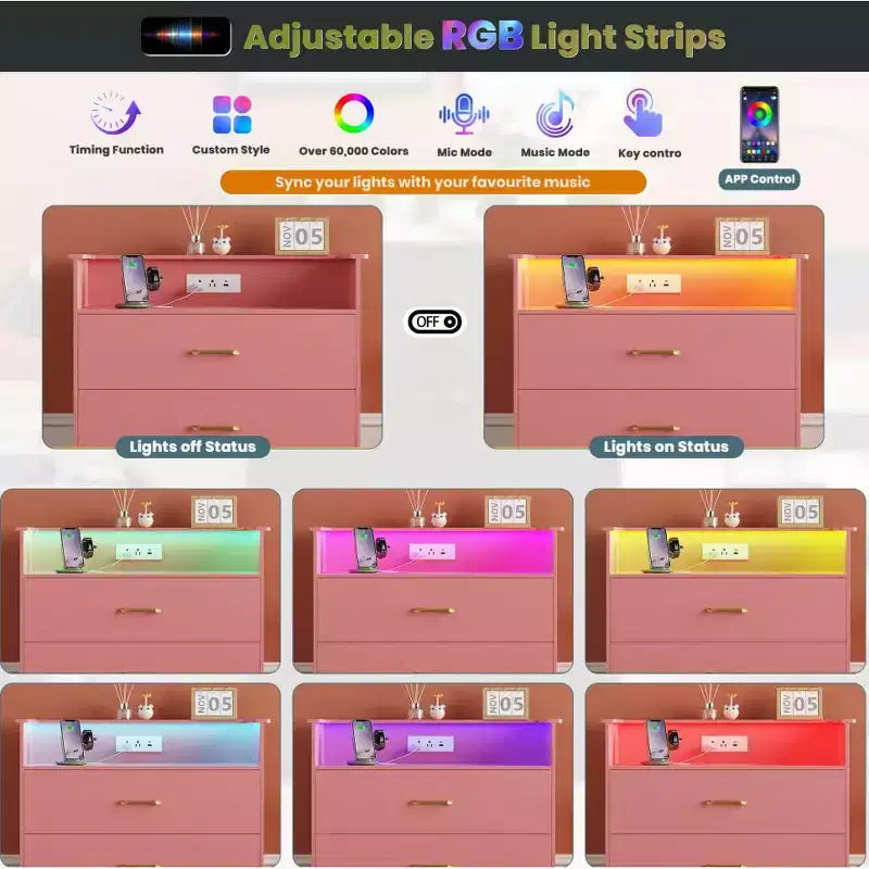 Commode haute à 5 tiroirs avec lumière LED et station de charge – Noir / Rose / Rétro / Blanc