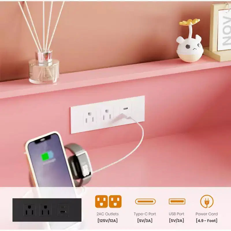 Commode haute à 5 tiroirs avec lumière LED et station de charge – Noir / Rose / Rétro / Blanc