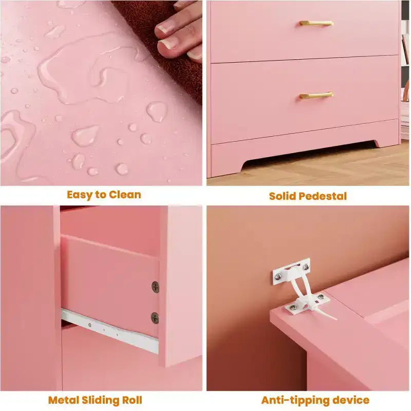 Commode haute à 5 tiroirs avec lumière LED et station de charge – Noir / Rose / Rétro / Blanc
