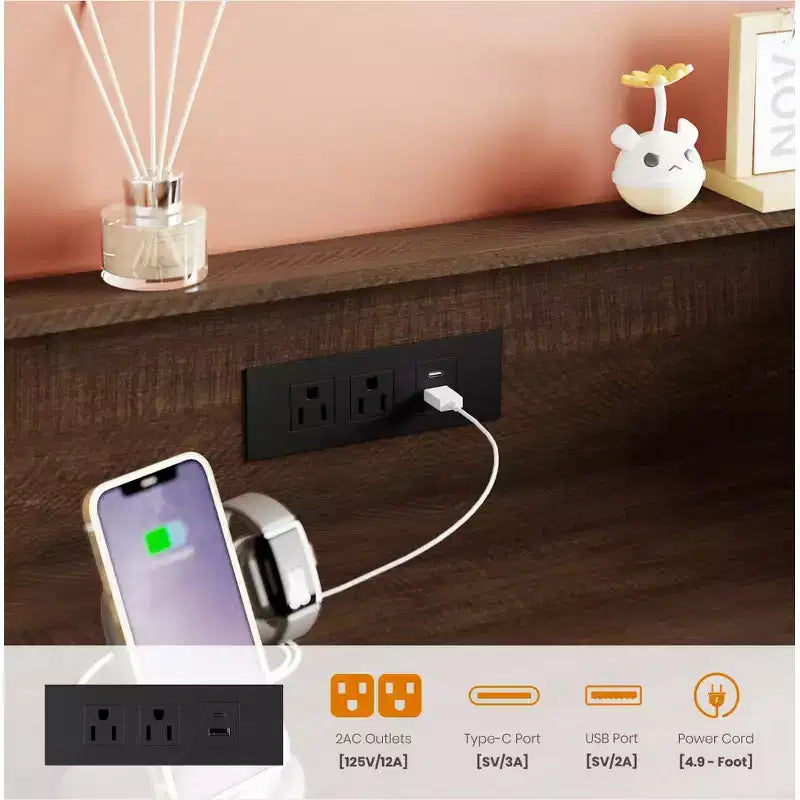 Commode haute à 5 tiroirs avec lumière LED et station de charge – Noir / Rose / Rétro / Blanc