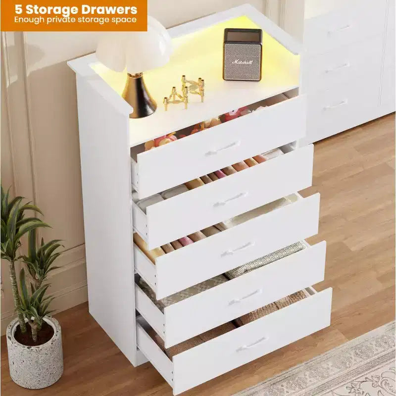 Commode haute à 5 tiroirs avec lumière LED et station de charge – Noir / Rose / Rétro / Blanc