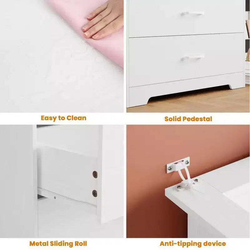 Commode haute à 5 tiroirs avec lumière LED et station de charge – Noir / Rose / Rétro / Blanc