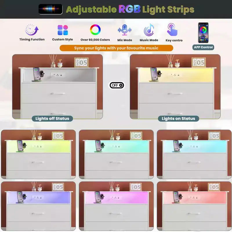 Commode haute à 5 tiroirs avec lumière LED et station de charge – Noir / Rose / Rétro / Blanc