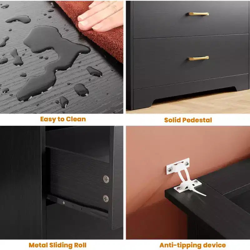 Commode haute à 5 tiroirs avec lumière LED et station de charge – Noir / Rose / Rétro / Blanc