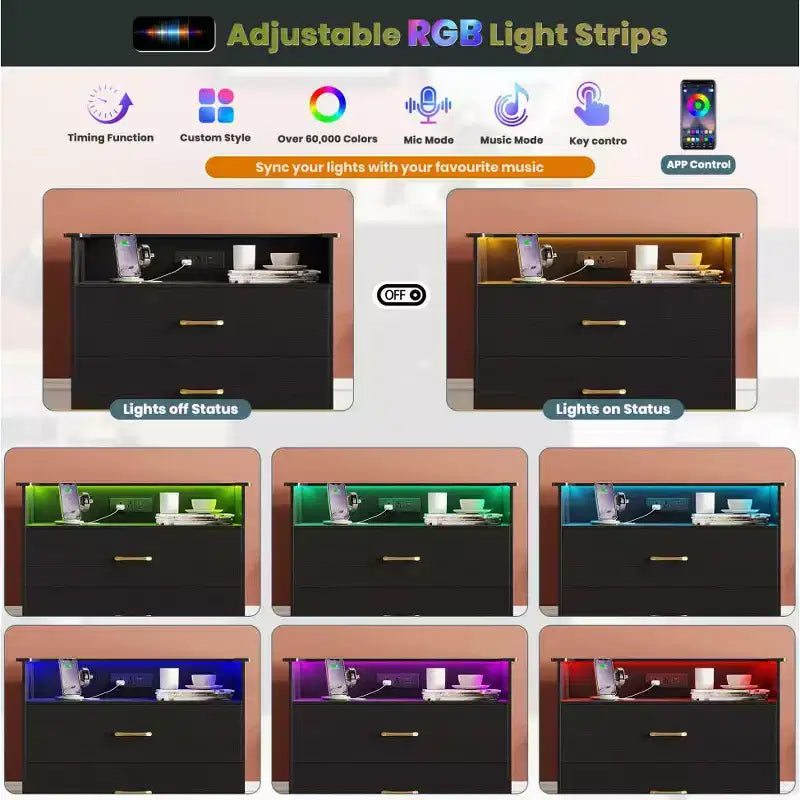 Commode haute à 5 tiroirs avec lumière LED et station de charge – Noir / Rose / Rétro / Blanc
