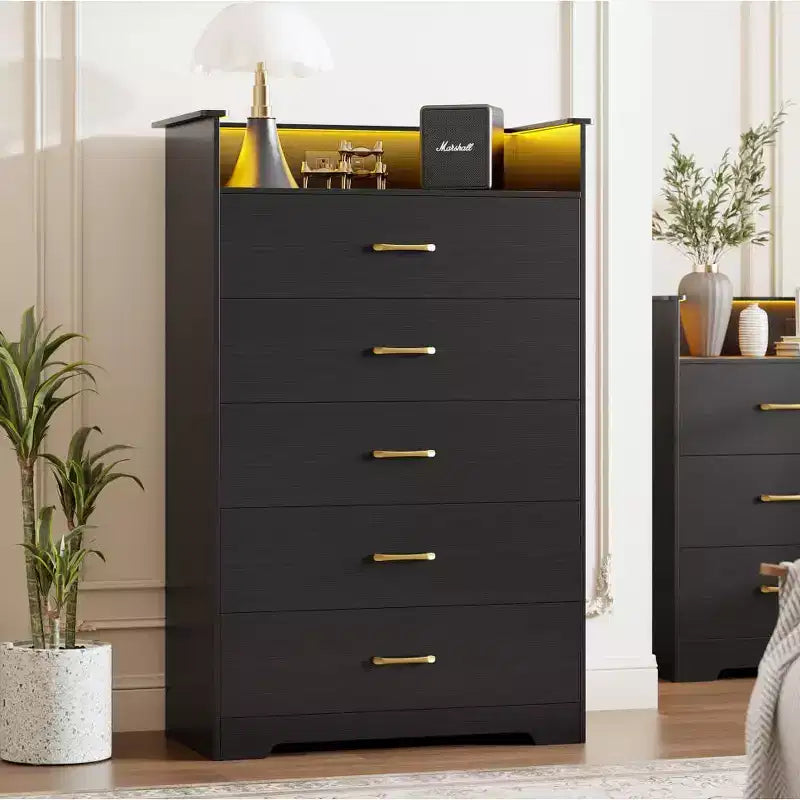 Modern 5-Drawer Tall Dresser with LED Light & Charging Station Narrow 16 D Black Woodgrain Chest for Bedroom, Closet & Entryway
