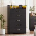 Modern 5-Drawer Tall Dresser with LED Light & Charging Station Narrow 16 D Black Woodgrain Chest for Bedroom, Closet & Entryway