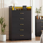 Modern 5-Drawer Tall Dresser with LED Light & Charging Station Narrow 16 D Black Woodgrain Chest for Bedroom, Closet & Entryway