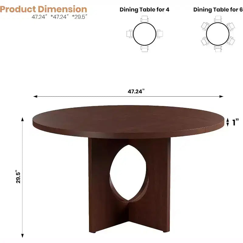 Table de salle à manger ronde de 119,4 cm, noir/brun/brun rougeâtre, piédestal, 4-6 places