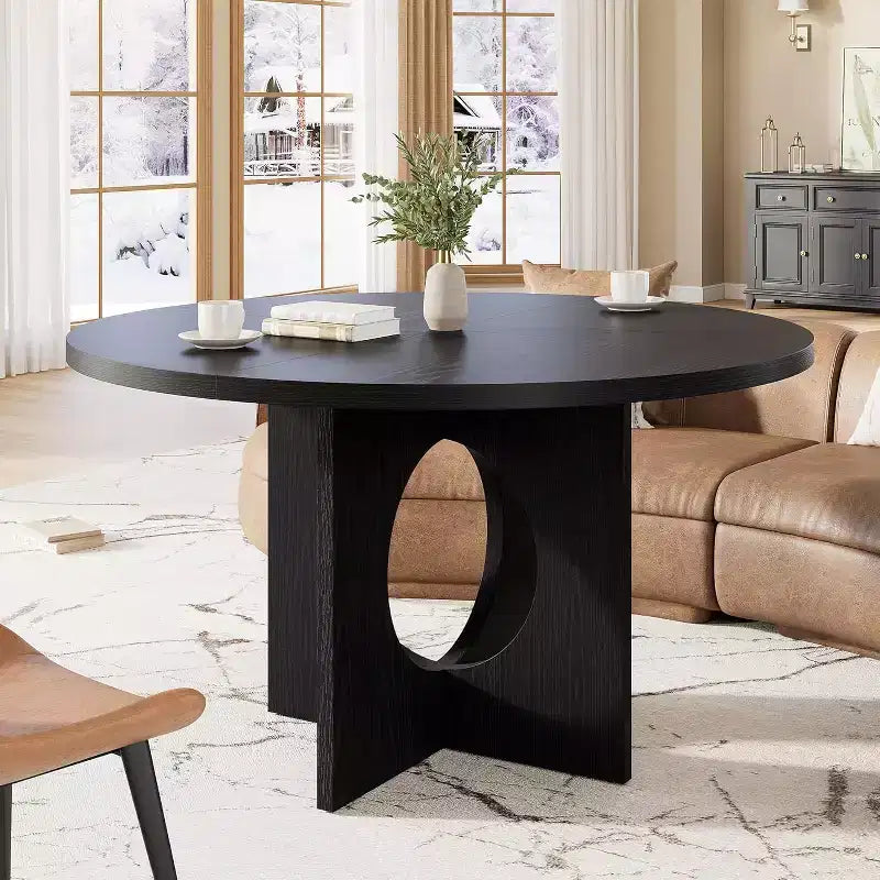47 inch Round Dining Table for 4-6 People, Space Saving Pedestal Base Kitchen Dinner Table, Modern Minimalist Style